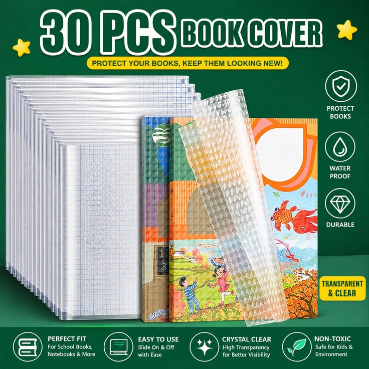 Waterproof School Textbook Protective Case Cover, 30 Pcs